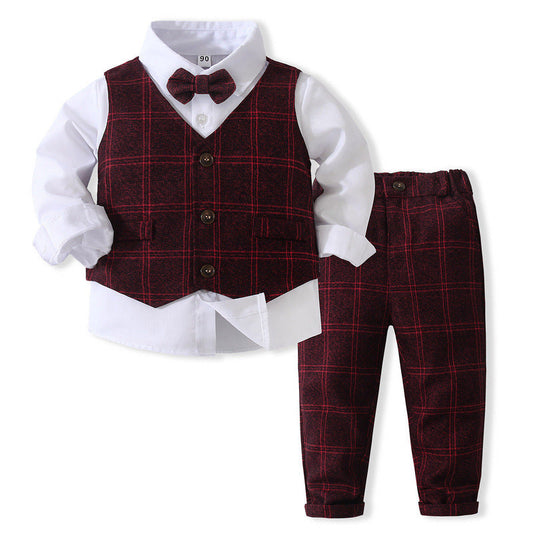 3 Pieces Set Baby Kid Boys Solid Color Shirts Checked Vests Waistcoats And Pants