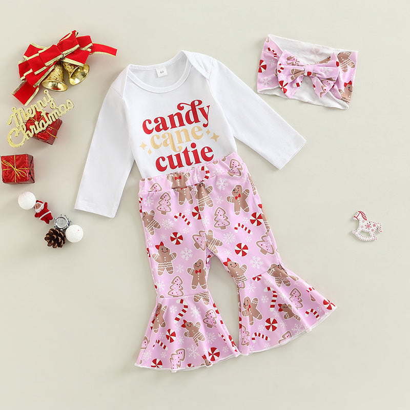 2 Pieces Set Baby Girls Christmas Letters Print Rompers And Cartoon Pants