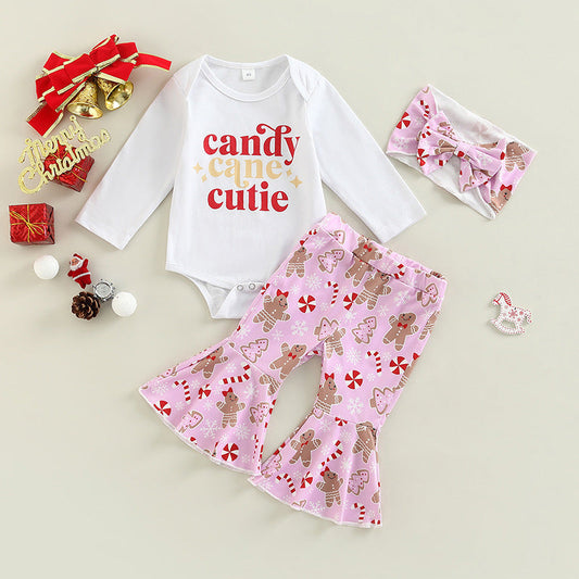 2 Pieces Set Baby Girls Christmas Letters Print Rompers And Cartoon Pants