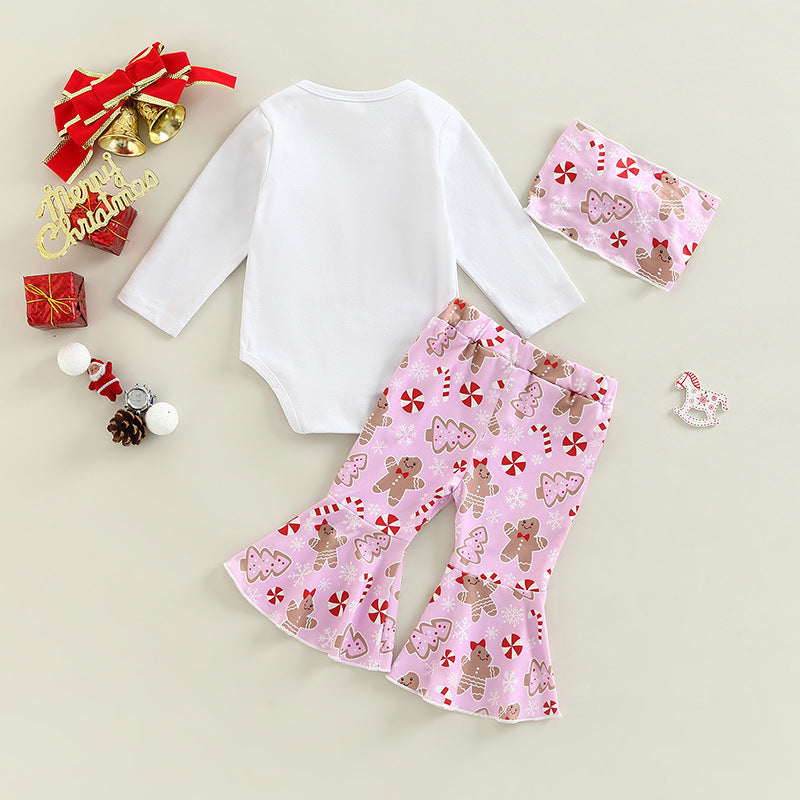 2 Pieces Set Baby Girls Christmas Letters Print Rompers And Cartoon Pants