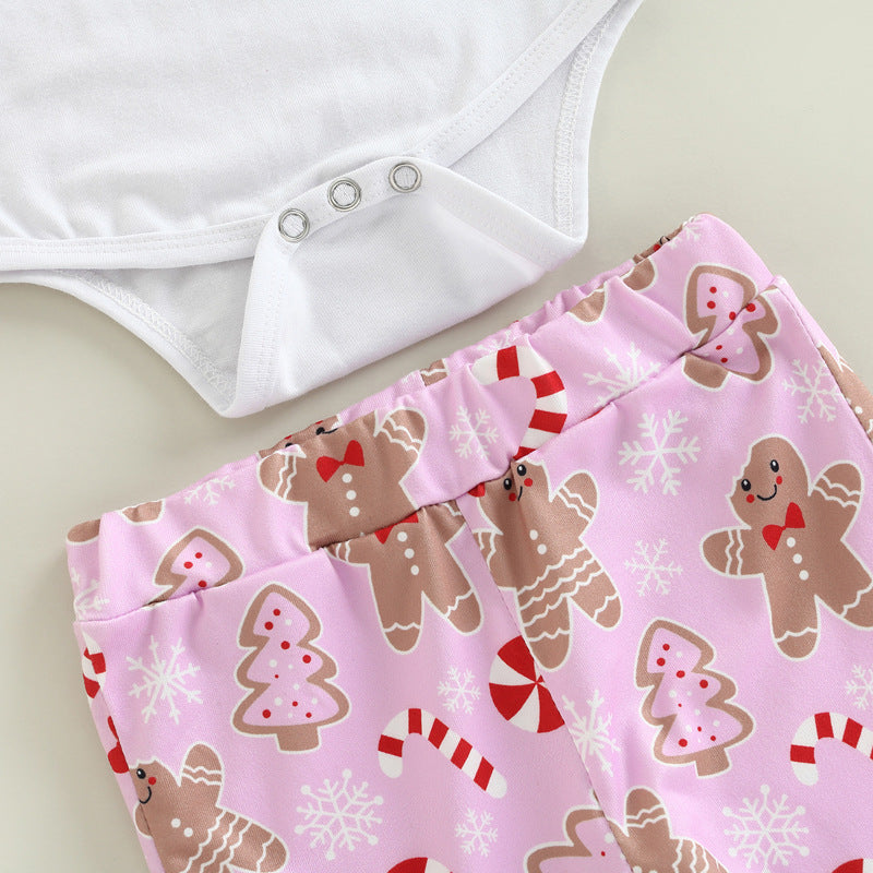 2 Pieces Set Baby Girls Christmas Letters Print Rompers And Cartoon Pants