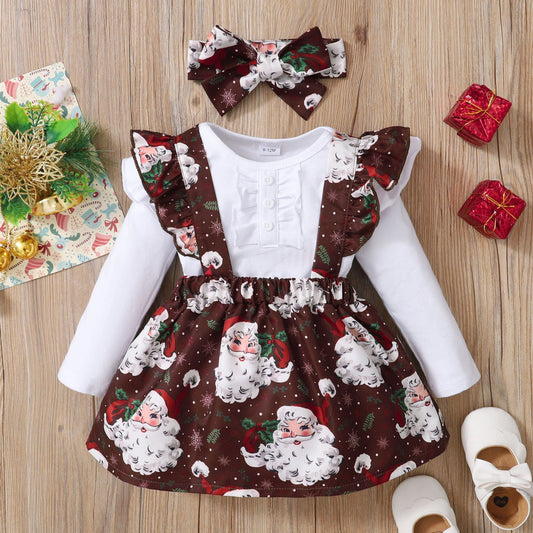 2 Pieces Set Baby Girls Christmas Solid Color Print Rompers And Cartoon Dresses