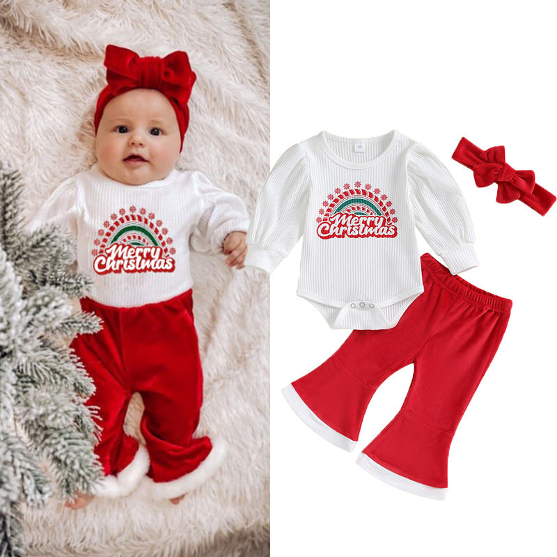 2 Pieces Set Baby Girls Christmas Letters Rompers And Solid Color Pants