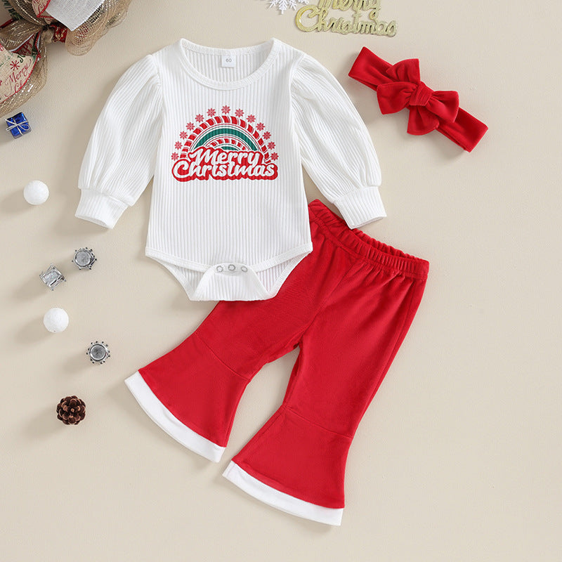 2 Pieces Set Baby Girls Christmas Letters Rompers And Solid Color Pants