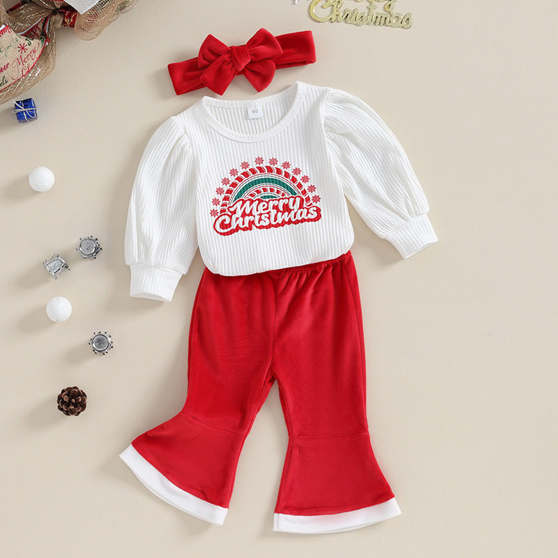 2 Pieces Set Baby Girls Christmas Letters Rompers And Solid Color Pants