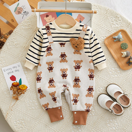 Baby Girls Boys Striped Animals Print Jumpsuits