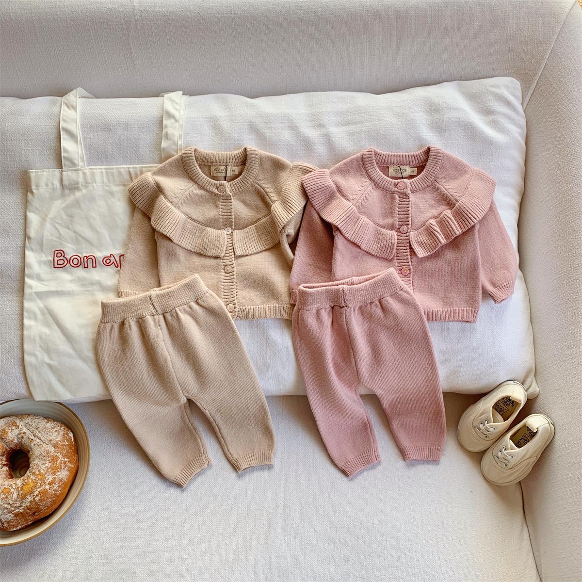 2 Pieces Set Baby Girls Solid Color Cardigan And Pants