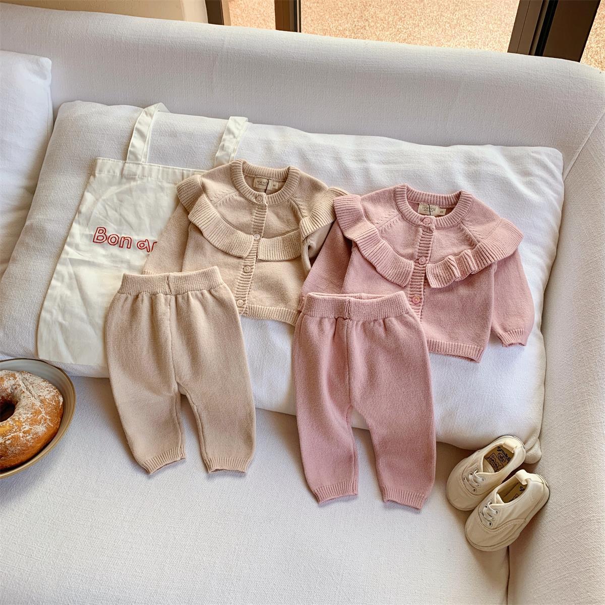 2 Pieces Set Baby Girls Solid Color Cardigan And Pants