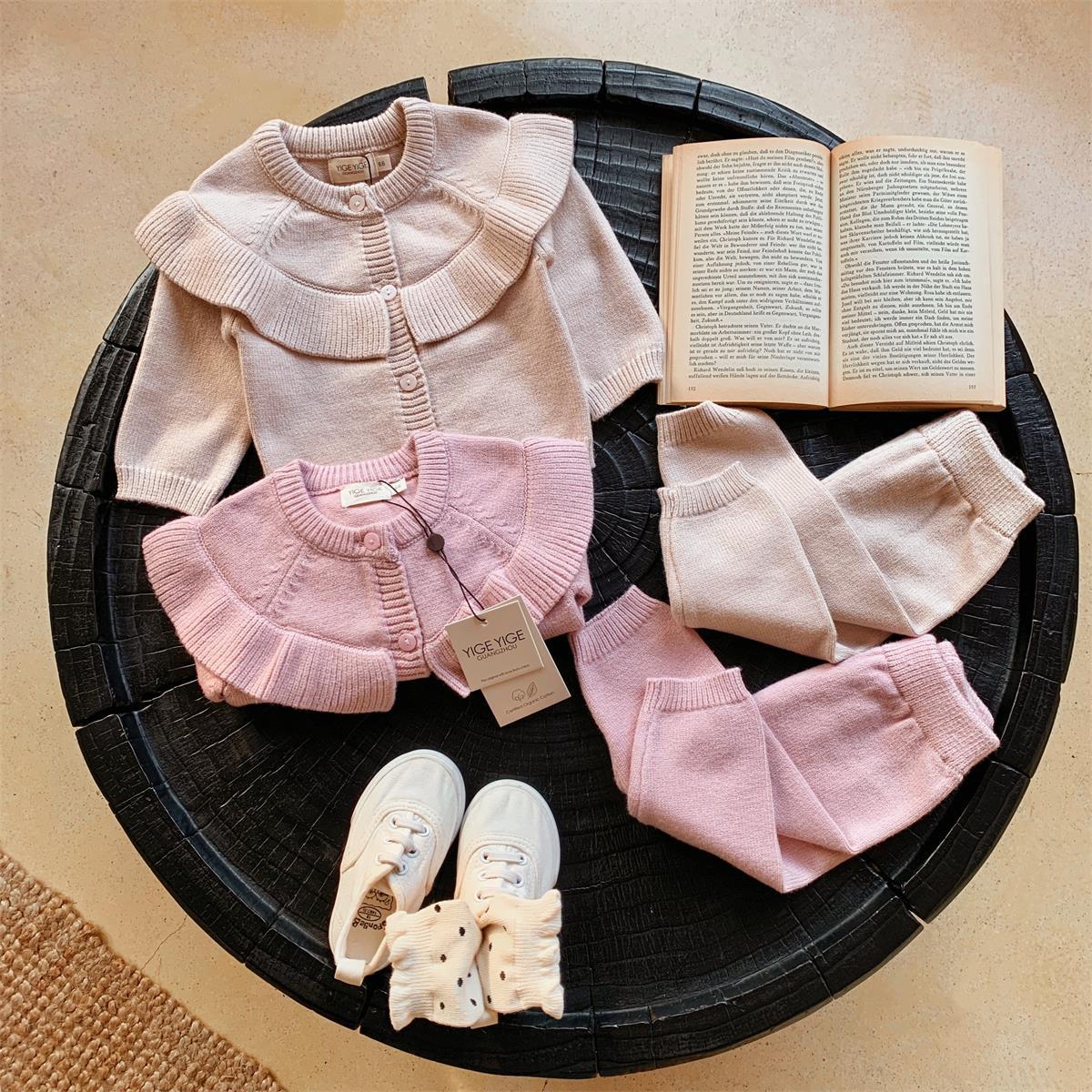 2 Pieces Set Baby Girls Solid Color Cardigan And Pants