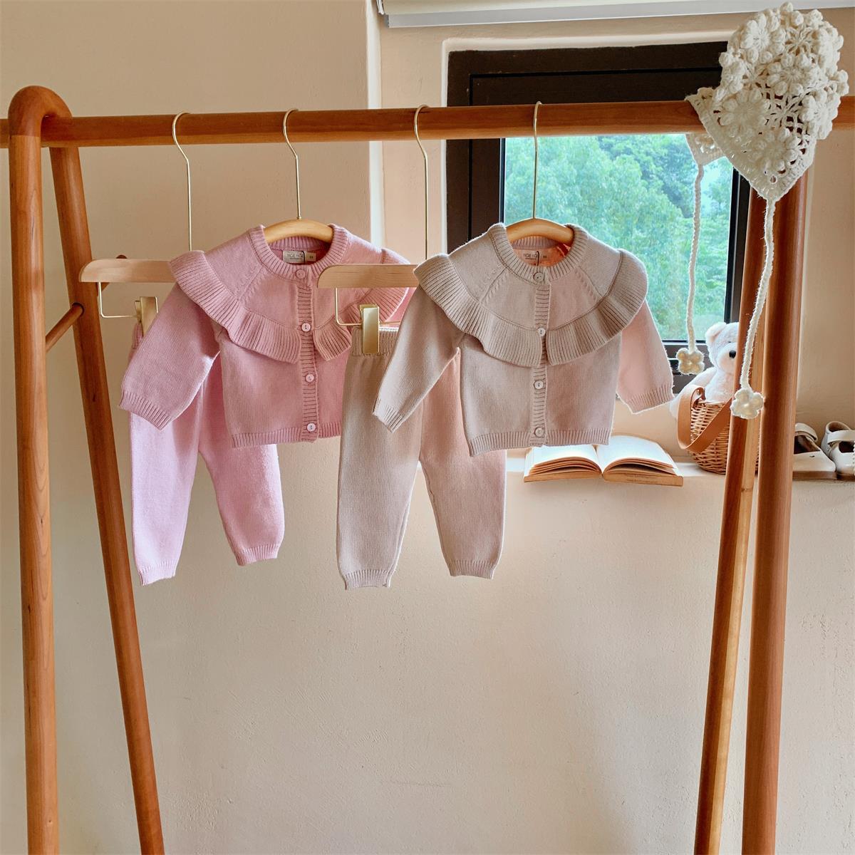 2 Pieces Set Baby Girls Solid Color Cardigan And Pants