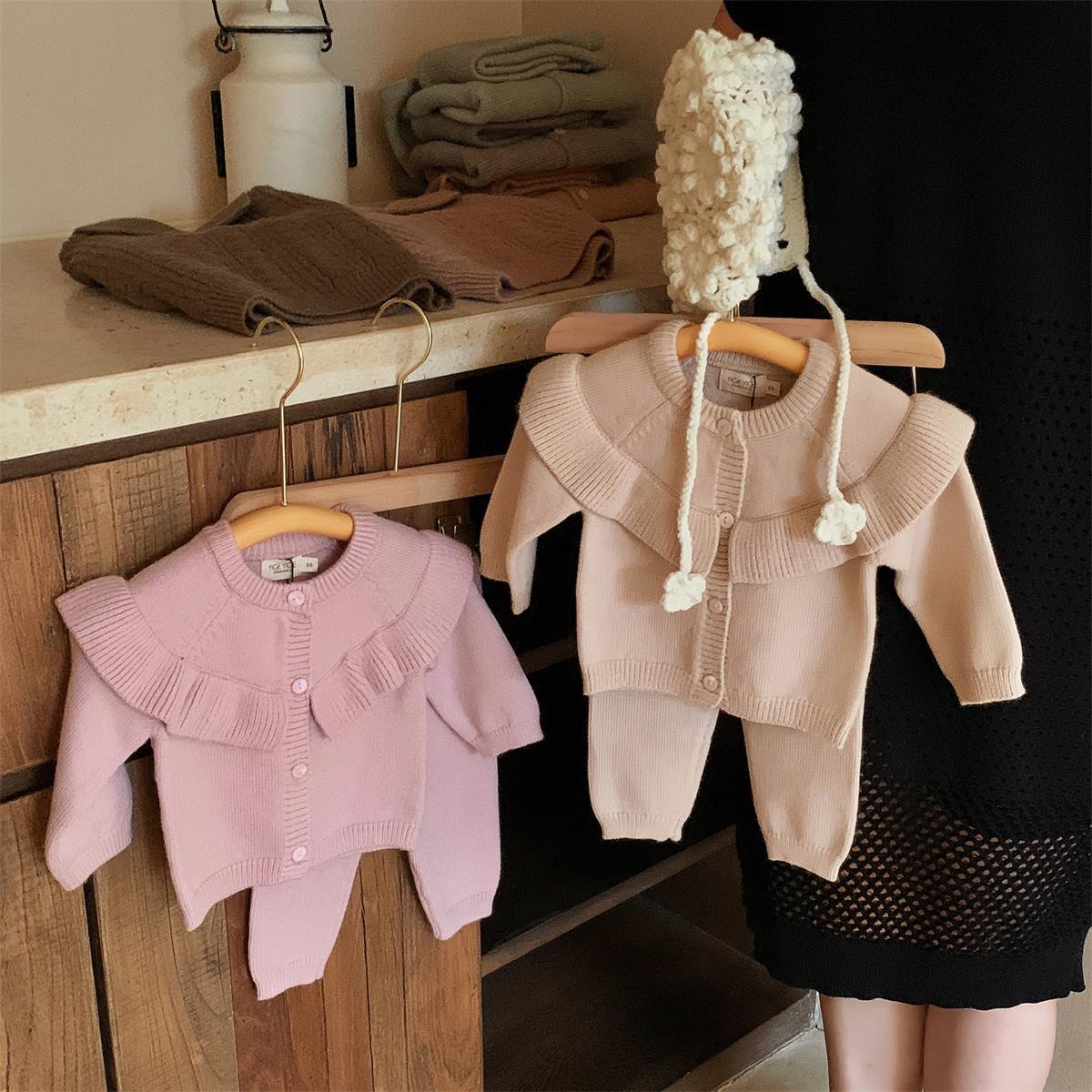 2 Pieces Set Baby Girls Solid Color Cardigan And Pants