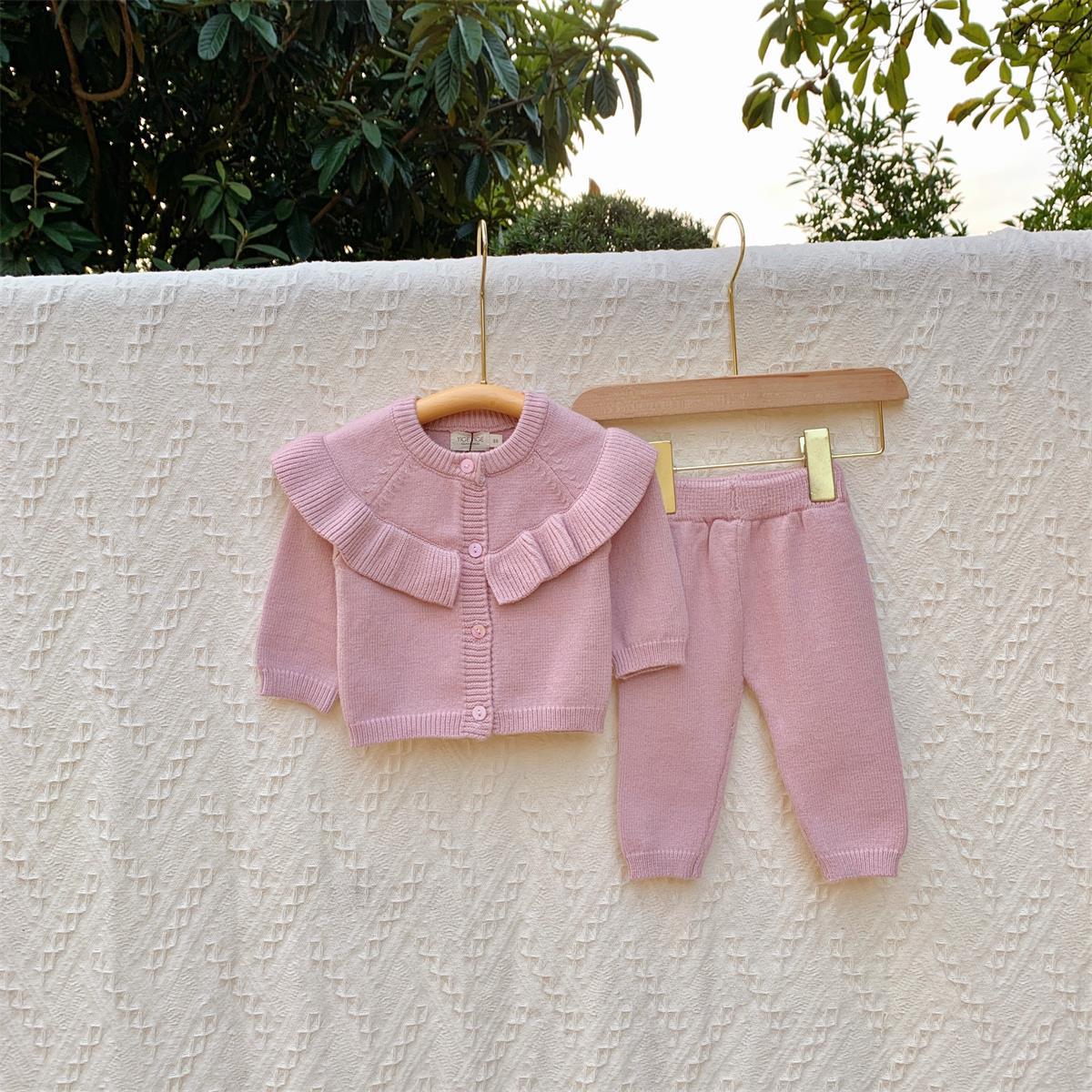 2 Pieces Set Baby Girls Solid Color Cardigan And Pants