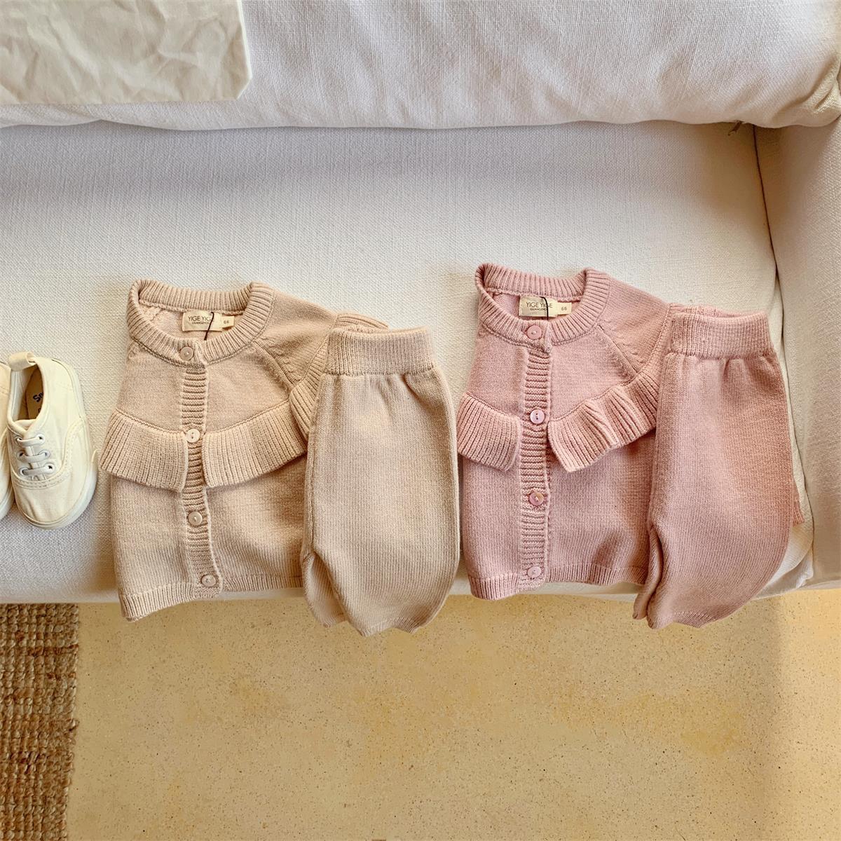 2 Pieces Set Baby Girls Solid Color Cardigan And Pants