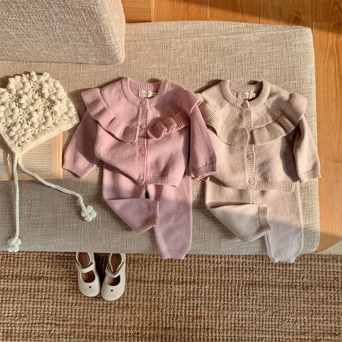 2 Pieces Set Baby Girls Solid Color Cardigan And Pants