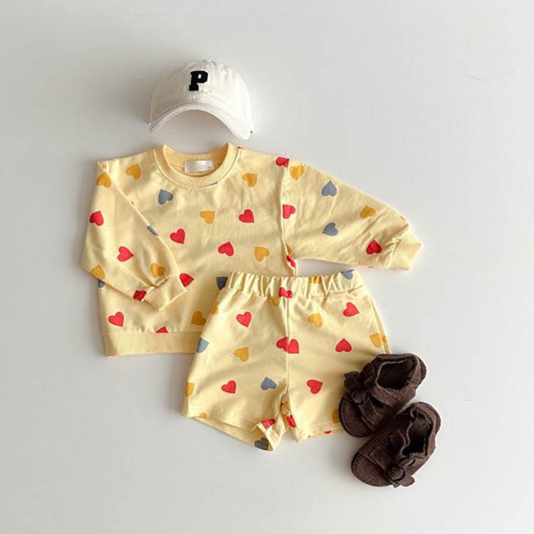 2 Pieces Set Baby Kid Girls Love heart Print Tops And Shorts