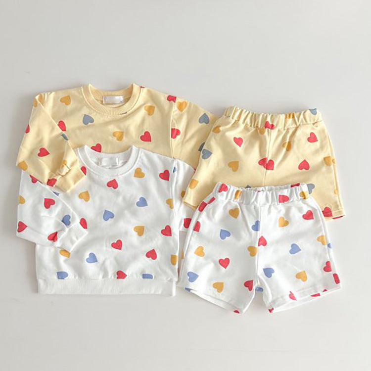 2 Pieces Set Baby Kid Girls Love heart Print Tops And Shorts