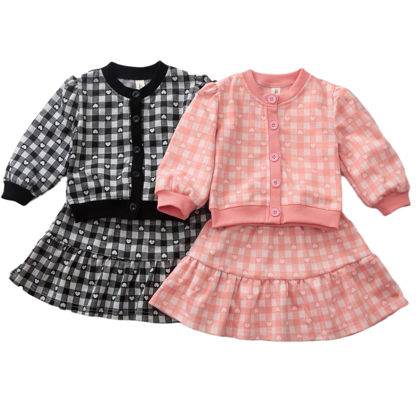 2 Pieces Set Baby Kid Girls Love heart Print Cardigan And Skirts