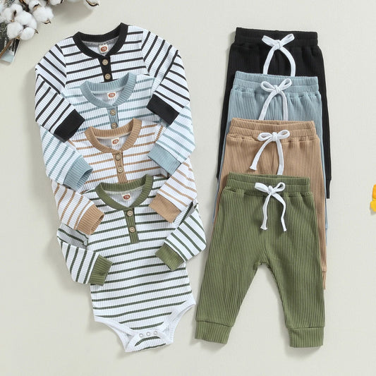 2 Pieces Set Baby Boys Striped Rompers And Solid Color Pants