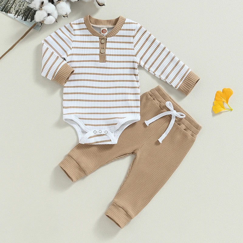 2 Pieces Set Baby Boys Striped Rompers And Solid Color Pants