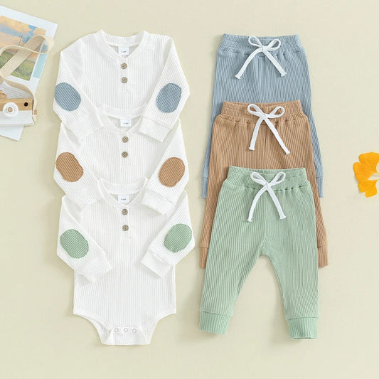 2 Pieces Set Baby Boys Solid Color Rompers And Pants