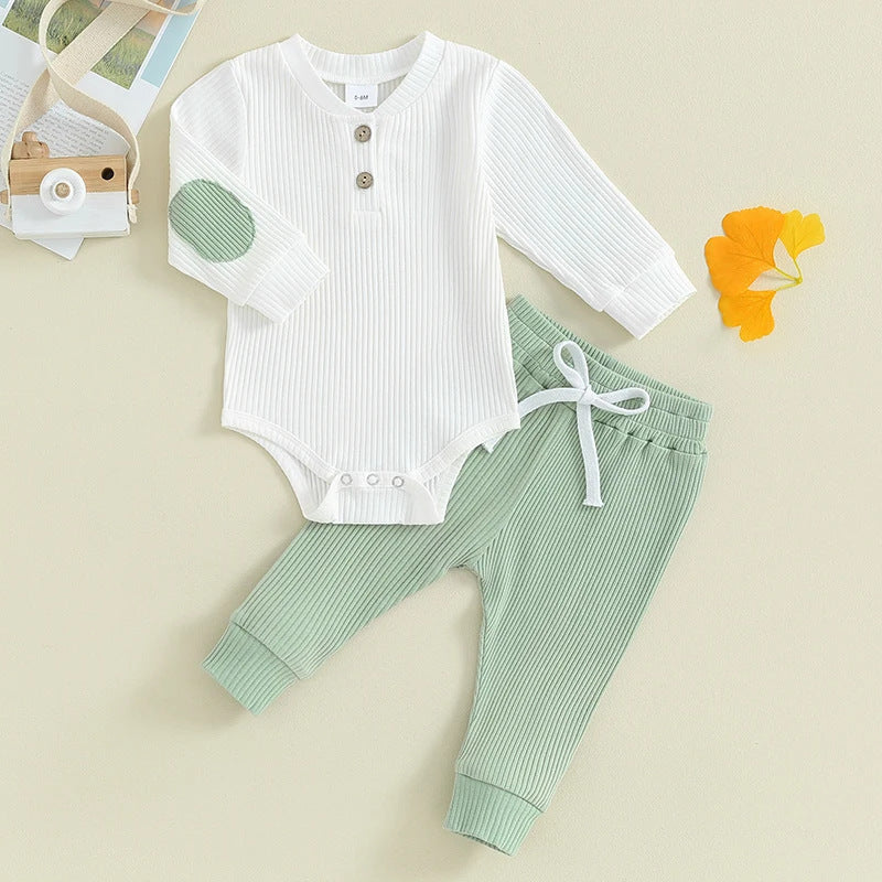 2 Pieces Set Baby Boys Solid Color Rompers And Pants