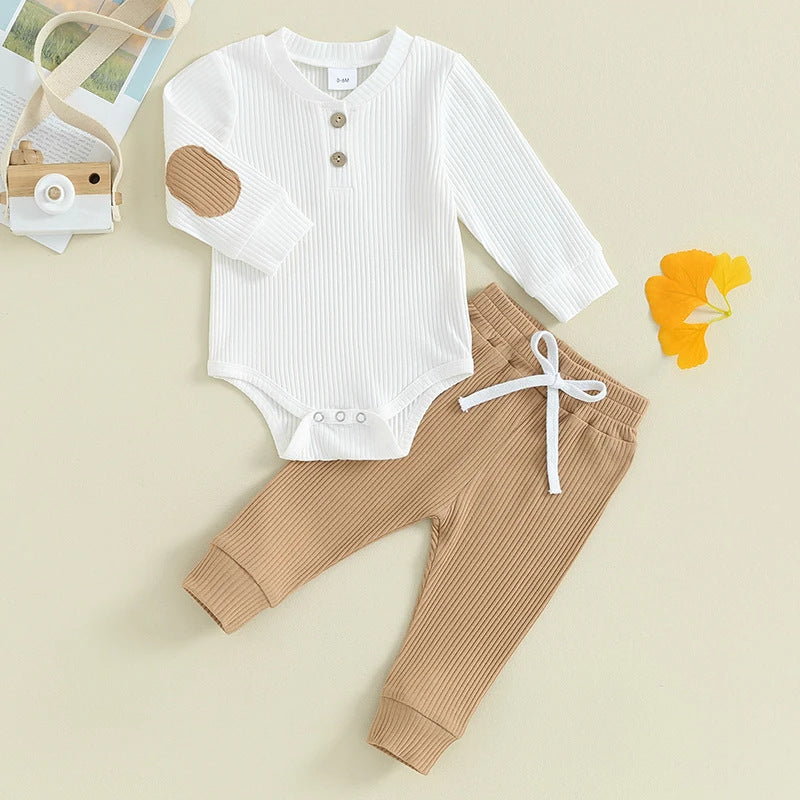 2 Pieces Set Baby Boys Solid Color Rompers And Pants