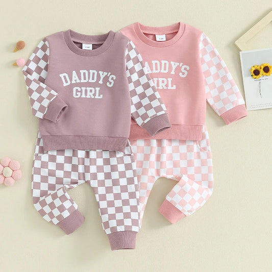 2 Pieces Set Baby Kid Girls Letters Color-blocking Tops And Checked Pants