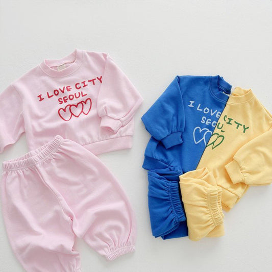 2 Pieces Set Baby Kid Girls Boys Letters Love heart Tops And Solid Color Pants